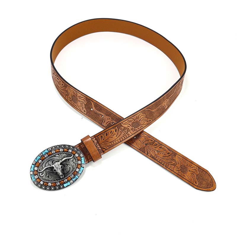 Retro Punk Embossed Western Denim Belt