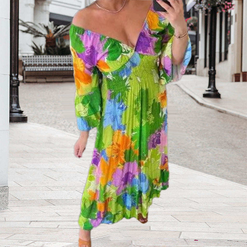 V-neck Floral Seaside Vacation Loose Dress