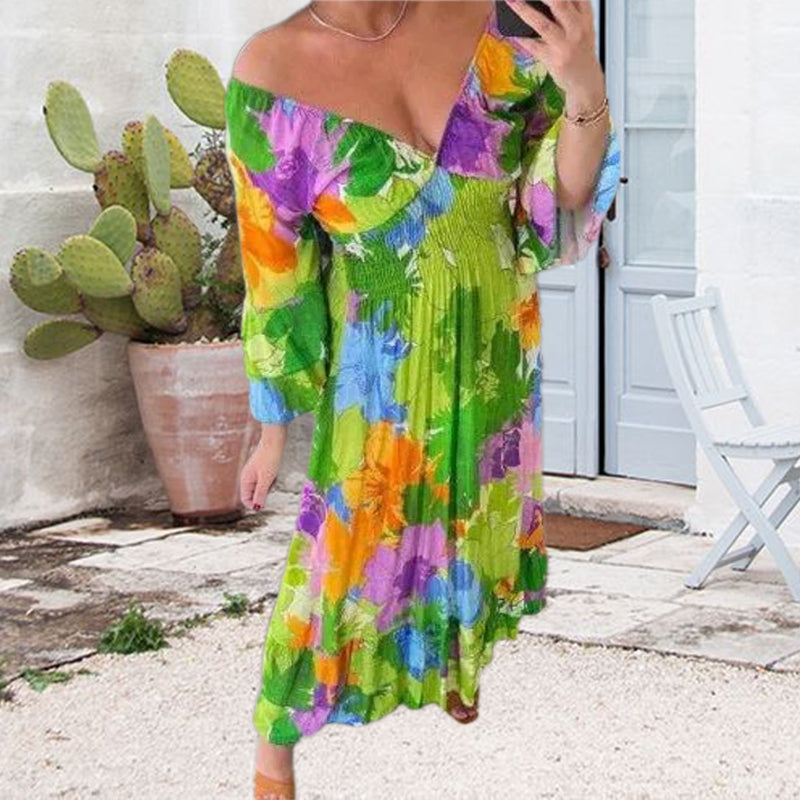 V-neck Floral Seaside Vacation Loose Dress