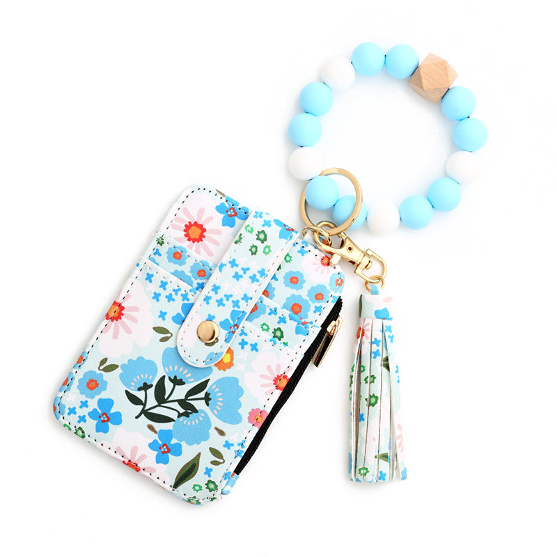 Floral leather small wallet with keychain and bracelet