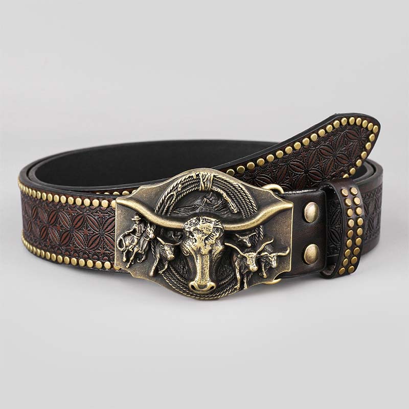 Retro Punk Embossed Western Denim Belt